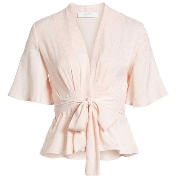 Astr Other - ASTR Blush Pink Satin Pleated Front V Neck Tie Kimono Top